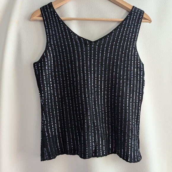 Sigrid Olsen Black Silk Blend Silver Sequin Stripes Sleeveless Knit Pullover Top - Picture 7 of 14